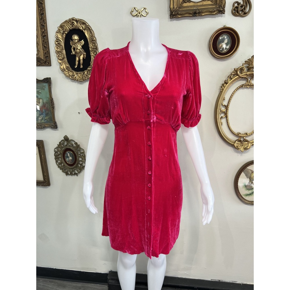 Twin Pink Velvet Texture Mini Dress V-Neck Short Sleeve Size XS